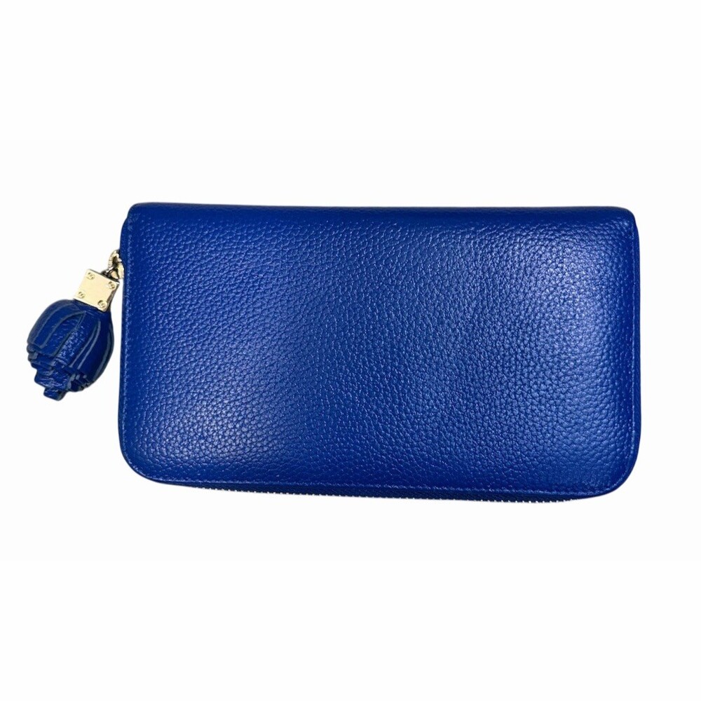 Tory Burch Blue Pebbled Leather Wallet Zip-Around Continental Tassel - Picture 2 of 7